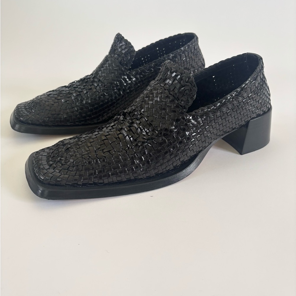 Miista woven black leather square toe loafers